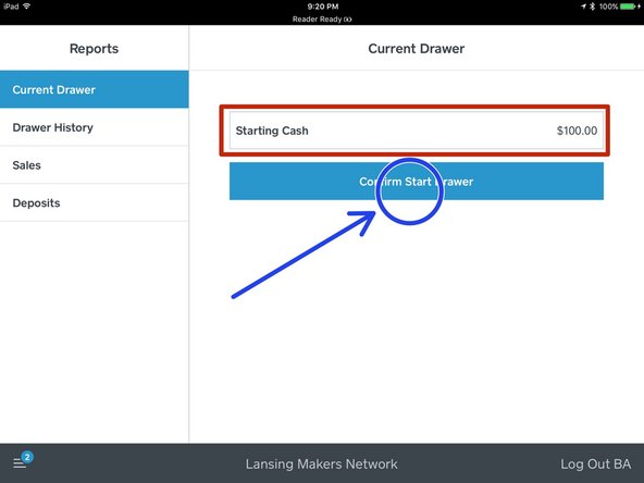 Tap the starting amount box to enter the starting amount in the drawer.