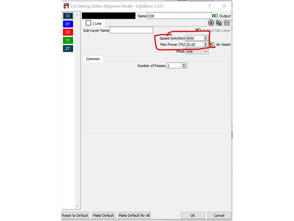 Speed: Sets the speed the laser will use when running the layer.