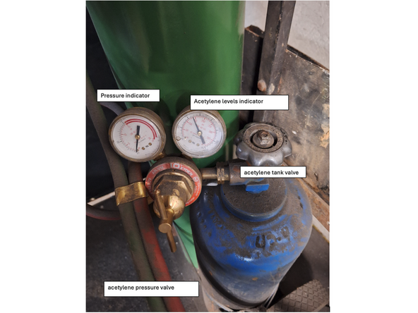 Opening Cylinders 1.    Open the Oxygen Cylinder:     Turn the valve counterclockwise to fully open. 2.    Open the Acetylene Cylinder: o    Open the valve no more than a quarter-turn. This allows quick closure if necessary.