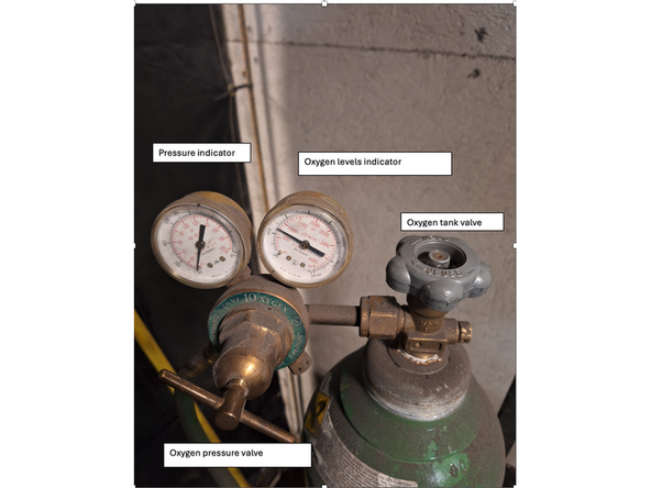 Connecting Regulators and Hoses1.    Attach the oxygen regulator to the large oxygen cylinder (green). 2.    Attach the acetylene regulator to the smaller acetylene cylinder (red). 3.    Ensure the regulators are tightly connected but avoid over-tightening.