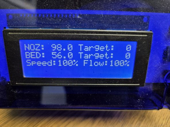 Using the control knob, navigate to the previous screen settings until it matches the second image. Wait until the nozzle and bed temperatures are lower than 28 degrees Celsius, then power the machine off.