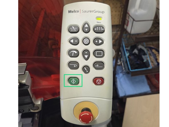 With the fabric hooped, bobbin checked, setting set, and design loaded, the final step is pressing the green start key on the control panel.