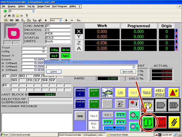 This step will cause the machine to move rapidly all the way to the tool rack. Make sure the area is clear before proceeding.