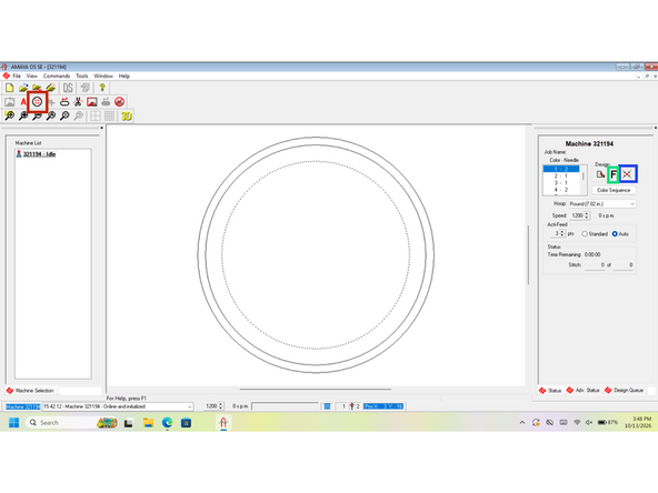 Using the center hoop button the hoop can be centered, next use the Center Design button to center the design. The Orientation Button changes the designs orientation