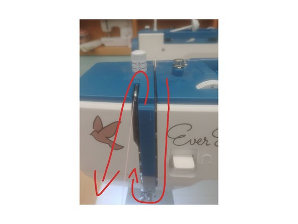 There are solid arrows printed on the machine which the thread should follow for these steps.