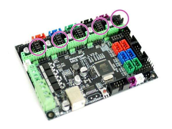 Under the A4988 driver positions on the control board there needs to be three jumpers installed like shown in the second and third photo.