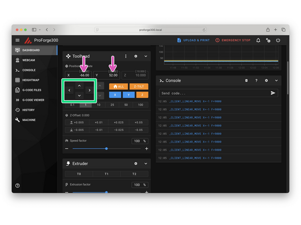 With the print head selected from the previous step pull it out from its dock by moving the print head 100mm in the positive X direction.