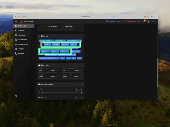 Use the macros to select and dock the print heads. Run through all of them making sure that the printer is able to safely select and dock each print head.