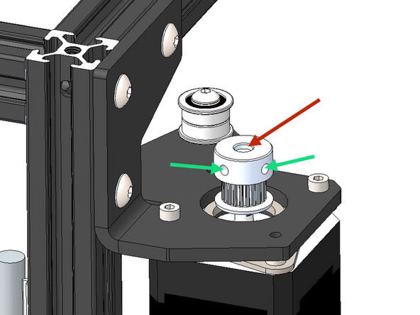The ideal position for all of the pulleys should be approx 1-2mm above the end of the motor's shaft. You can align them later after installing the belts.