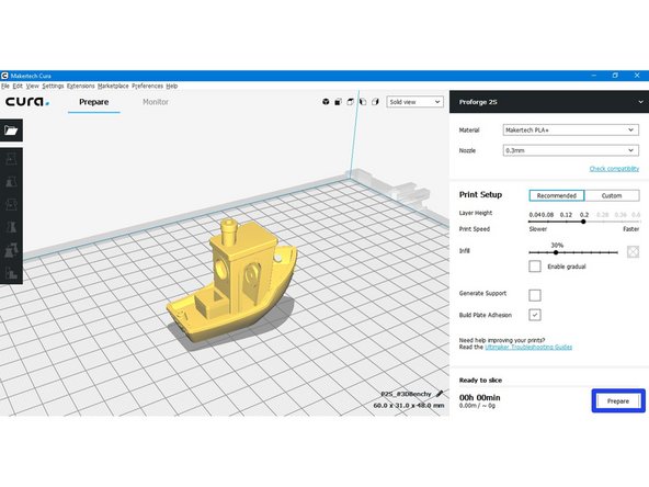 Next hit prepare to turn the .stl model into .gcode that the printer can read.