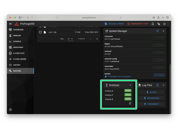 With the print head moved to the middle of the build space, so as not to trigger any of the endstops, check their status.