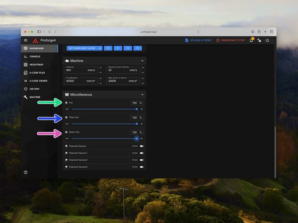Set the part cooling fan to 100%