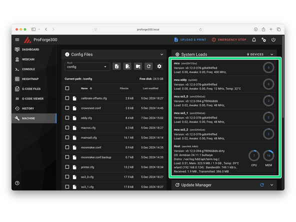 After restarting and given you have your board, Eddy Probe and Print Heads flashed correctly they should all be connecting to Klipper as shown.