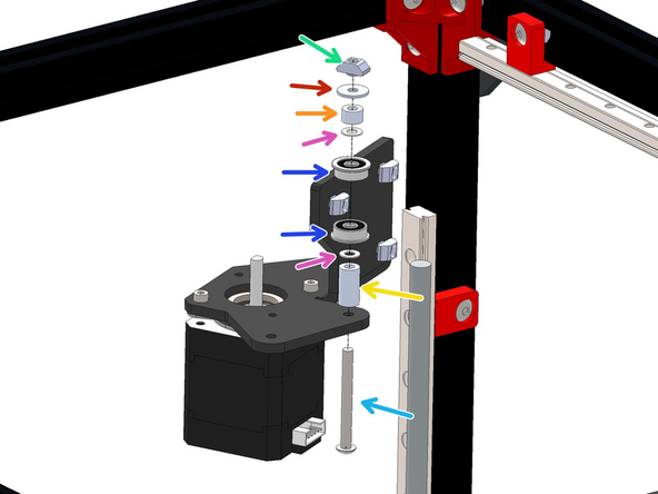 You will need to unmount the bracket to gain access for assembling this idler stack, re-mount it to the frame after building the Idler stack by also fixing the M4 x 40mm bolt to the top extrusion.