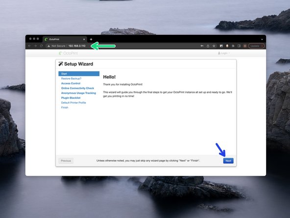 Type the ip address into your browser to load the OctoPrint interface.