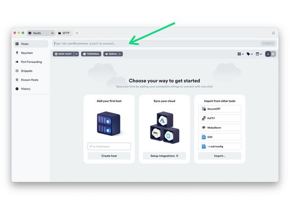 Install Termius and run through the set up wizard until you reach this dashboard.