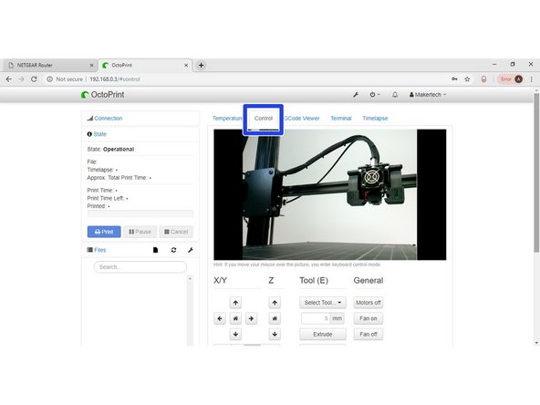 Under the Control Tab you should see a live feed from the Webcam.