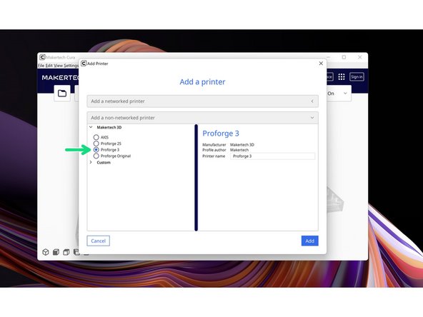 In Cura add the Proforge 3 3D printer.