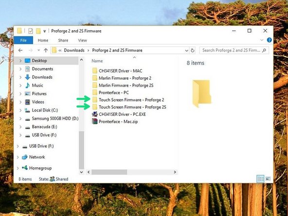 Copy the contents of the Touch Screen Firmware folder (depending on wether you're building a Proforge 2 or 2S) to the included SD card.