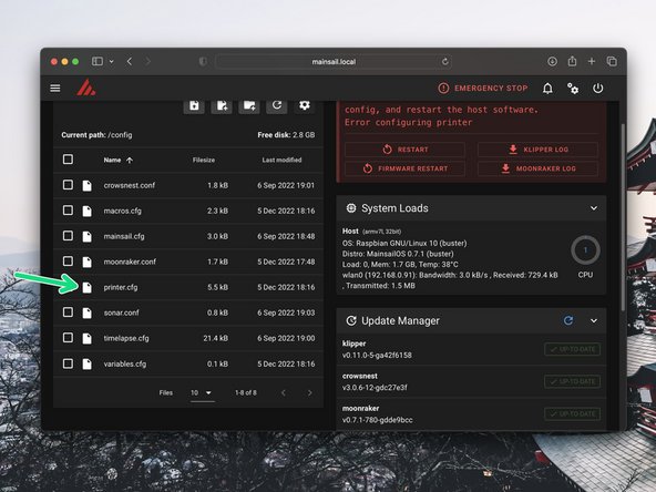 In mainsail open the printer.cfg file that you previously uploaded, by clicking on it.