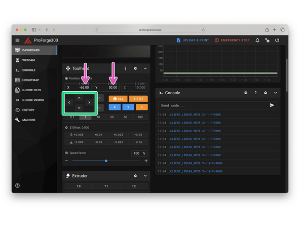 Use mainsail to move the tool carriage to find the first print heads select position.