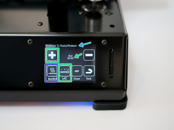 Press the extruder icon to toggle to the bed.