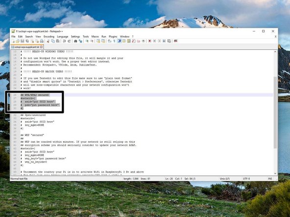 In the text editor read the instructions for the different WiFi configurations and choose the most appropriate for your network. For most this will be WPA/WPA2 security.