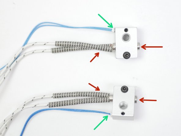 Take the two heater blocks and fix into them the two heater cartridges as shown.