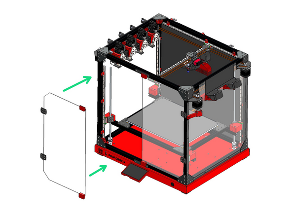 Fix the front doors onto the frame of the printer from the hinges.
