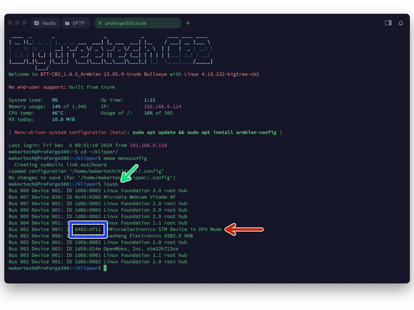 Verify DFU mode by sending this command again: