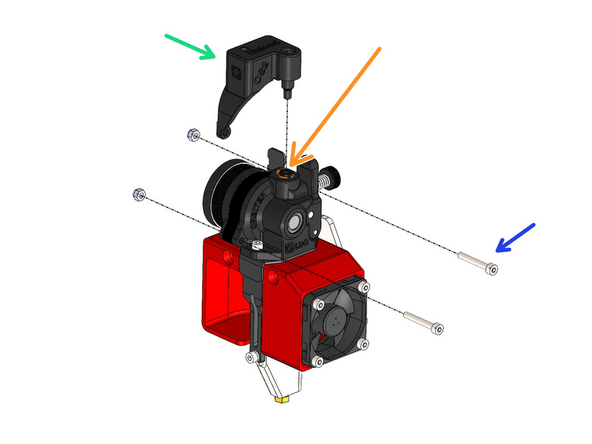 Installing the Orbiter filament sensors will require you to first remove the PTFE coupling from the extruder. Do this by removing the orange clip and pulling on the inserted coupling.