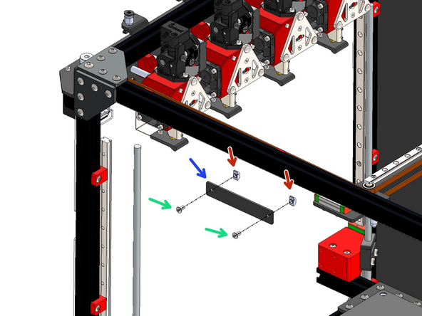Fix the two door latch brackets onto the front of the frame as shown. Install them onto the centre of the frame.