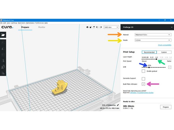 For your first print we suggest using the default settings in CURA.