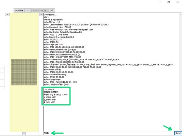 Once connected send an M119 command through the terminal on Pronterface.