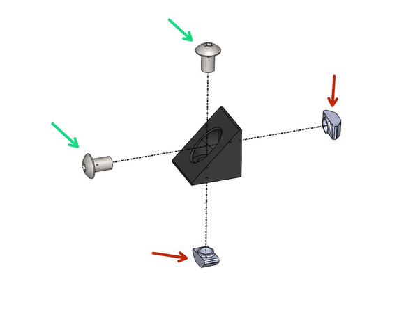 Build 6 corner bracket assemblies with the bolts and T-nut fastened on loosely.