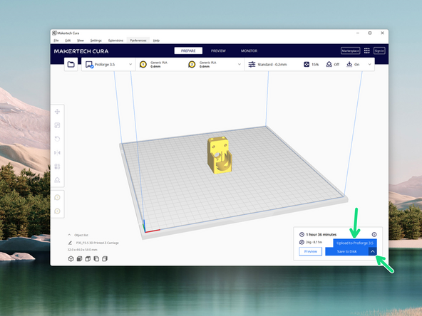After slicing a model, click the arrow to show the upload to Proforge 3.5 button. Click it to begin the upload.