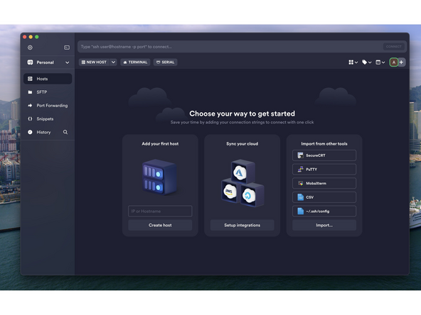 Install Termius and run through the set up wizard until you reach this dashboard.