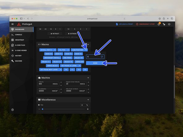 Go to the macros section in the control tab and set the servo angle (Cam Position) to 0 and hit enter.