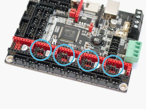 Check that jumpers here are positioned as shown to enable UART mode for the stepper drivers.