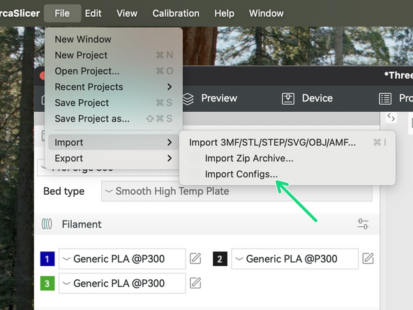 ORCA Slicer: Go to File -> Import -> Import Configs...
