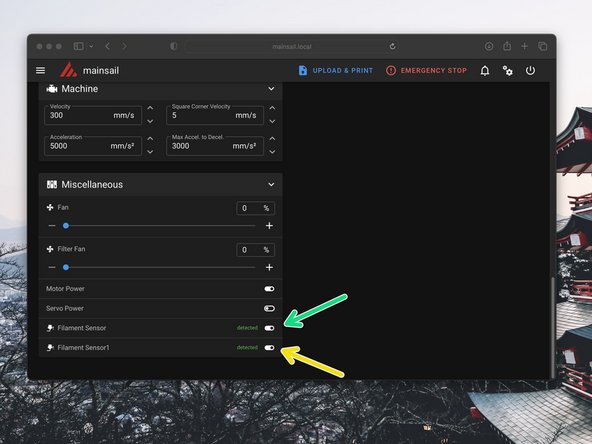 You should then see in the Miscellaneous box Filament Sensor readouts.