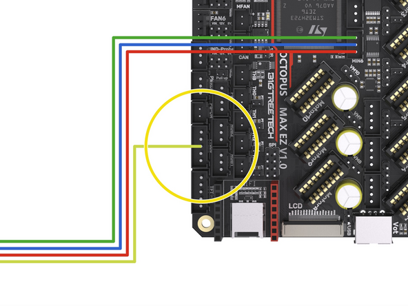 Connect the loose yellow cable from it to the control board as shown. It doesn't have a dedicated position on the control board so we will need to borrow a pin from a header that we are not currently using.