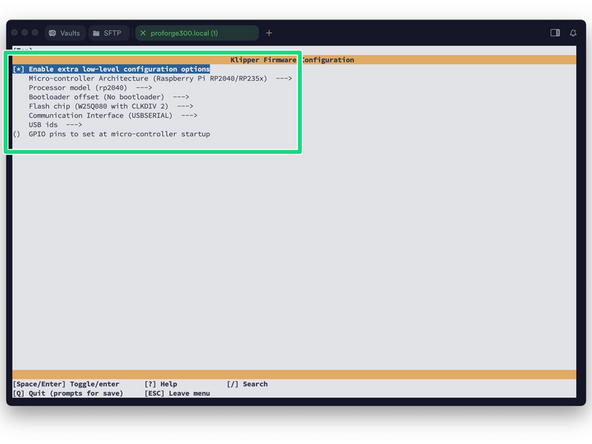 After opening the config menu, use the arrow keys on your keyboard to match the options selected in the image.