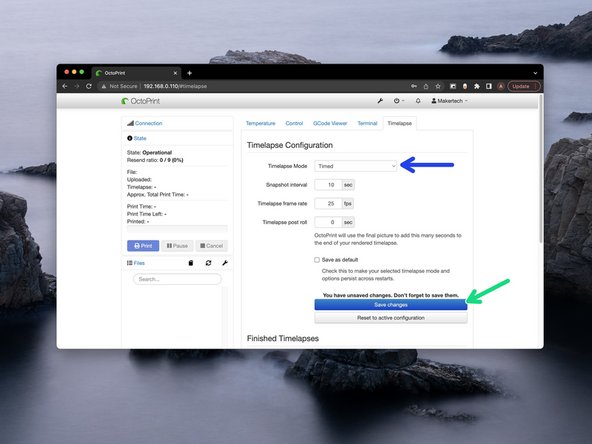 Before starting a print, set the time-lapse mode to either take a photo at a timed interval or at every Z-layer move.
