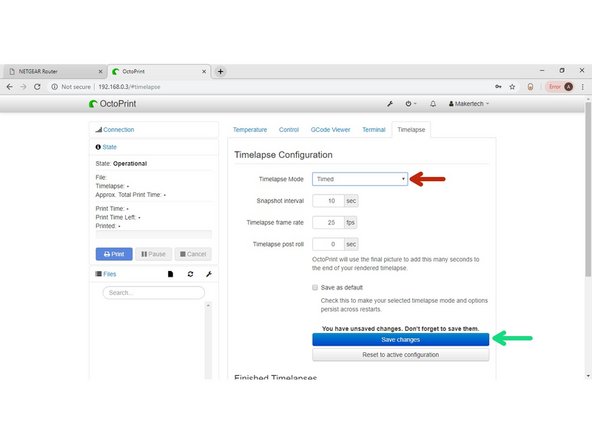 Before starting a print, set the time-lapse mode to either take a photo at a timed interval or at every Z-layer move.
