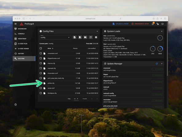 In mainsail open the printer.cfg file that you previously uploaded, by clicking on it.