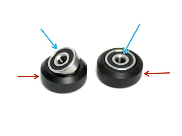 Create the roller assemblies by pressing two 625zz bearings into a delrin roller wheel with a 1mm shim between them.
