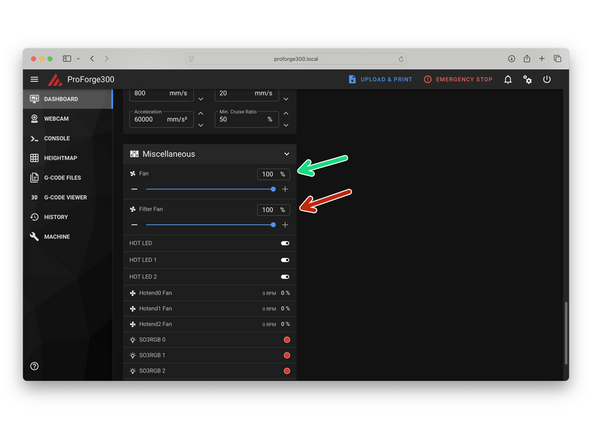 Set the part cooling fan to 100%