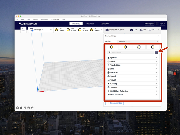 Set print head materials and nozzle sizes here.