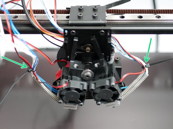 Cable tie together the heater, thermistor and 30mm fan cables from each hotend.